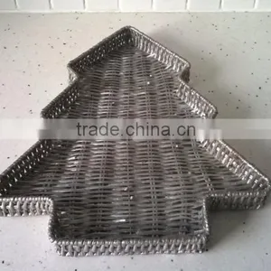 Pretty Christmas Tree Shaped Silver Painted Wicker Basket Tray Festive Display thumbnail-1