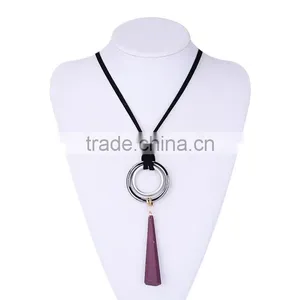 Silver Double Hoops Geometric Rubber Pendant Necklace Suede Velvet Leather Necklace Geometric Long Sweater Necklace thumbnail-4
