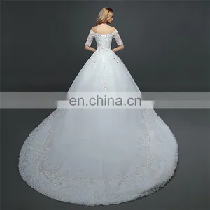 HS1629 2017 Luxury Off-shoulder Long Train Lace Appliqued Puffy Wedding Gowns thumbnail-3
