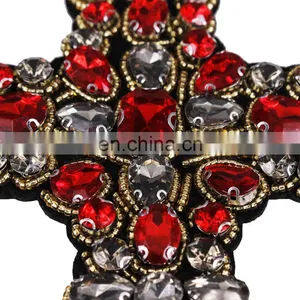 Custom Beading Rhinestones Red Gold Cross Design Sew On Patches thumbnail-3