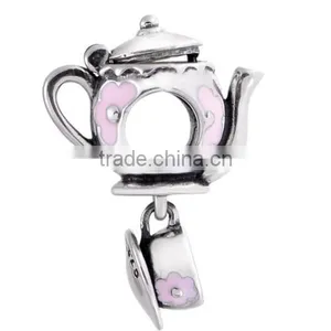 Fashion Women's 925 Sterling Silver Mad Teapot Tea Pot With Cup Enamel Charm Bead thumbnail-1