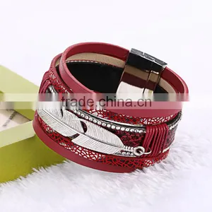 6 Color In Stock Fashion Silver Leaf Charms Vintage Multilayer Crystal Leopard Leather Bracelet thumbnail-6
