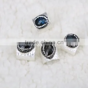 Natural Labradorite Gemstone and Crystal Zircon Paved Rings Wide Rings Silver Plated Wide Band Ring thumbnail-1