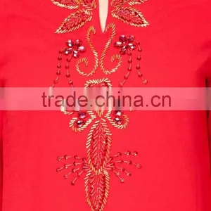 Red 100% Polyester Embroidered Beaded Elegant Women Muslim Dress thumbnail-6