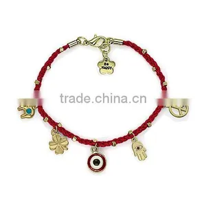 Gold Evil Eye Fatima Hand Peace Sign Four Leaf Clover Elephant Charms Bracelet Wax Cord Handwoven Friendship Bracelet Luck Charm thumbnail-2