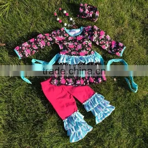 The Halloween Kids Girls Flower Print OUTFITS Ruffle Pant Sets Girls Boutique Clothes Kids Sets With Matching Accessories thumbnail-1
