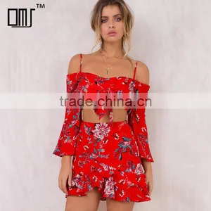 Front Tie Girls 2 Piece Crop Set Long Sleeve Floral Tops and Mini Skirts thumbnail-1