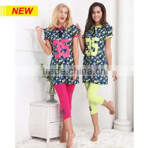 WOMEN SUMMER FASHION PAJAMAS S/S POLO TOP + LEGGING PYJAMAS WHOLESALE thumbnail-1