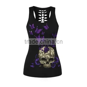 2017 Hot Selling Cheap Women Black Tank Top With Rose Skull Printed thumbnail-2