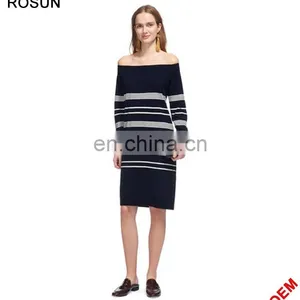 ROSUN Factory OEM Elegant Strip Knitted Sweater Dress Wholesale thumbnail-2