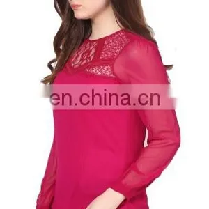 Popular Creation Latest Designer Chiffon Lace Neck Pattern Red Hot Comfortable Long Sleeve Western Beautiful Tunic Dress Top thumbnail-2