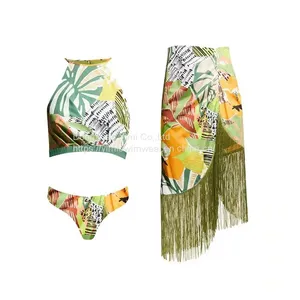 2 Pieces Ladies Women Printed Sexy Swimsuit Bikini Swimwear With Skirt Cover-Up thumbnail-1