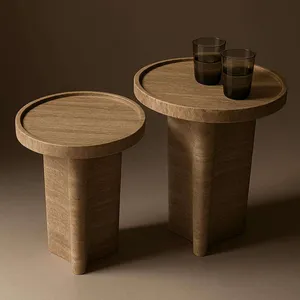 High Quality Nice Design Travertine Coffee Table With Cylindrical Base | Minimalist Marble Side Table for Modern Living Room thumbnail-3