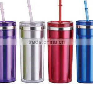 350ml/450ml Stainless Steel Inner Steel Outer Plastic Double Layer Cup With Straw thumbnail-3