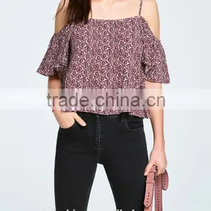 2017 Tunic Tops Cold Shoulder Rayon Printing Short Sleeve Women's Summer Tops thumbnail-3