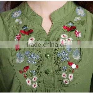 Wholesale Ladies Tops Cheap Price Half Sleeves Mature Linen and Cotton Ladies Embroidered Blouse thumbnail-2