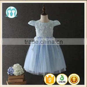High Quality OEM Princess Blue Short Sleeves Embroidery Flower Girls Party Dresses Lovely Fluffy Tulle Baby Communion Dresses thumbnail-1