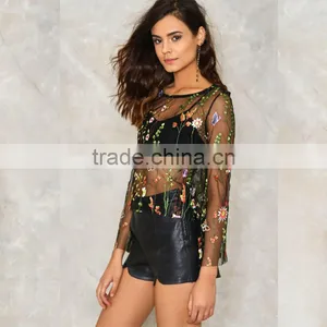 Sexy Mesh Embroidered Blouse Lady Latest Fashion Design Top thumbnail-2