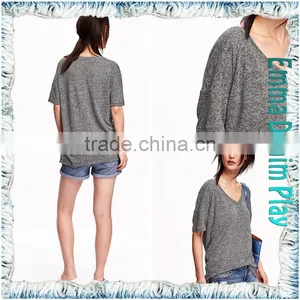 Latest Designer Ladies Sexy Loose Fit Short Sleeves Grey Cotton Heart V Neck T Shirts thumbnail-5