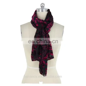 Black Burgundy Burnt Out Flower Pattern Velvet Silk Scarf For Muslin Hijab Ladies Scarves thumbnail-1
