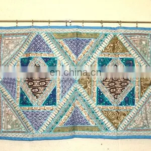 Wholesale Old Sari Patchwork Tapestry Wall Hangings Handmade Silk Beads Work Runner thumbnail-5