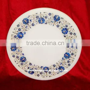 Lapiz Lazuli White Marble Inlay Coffee Table Top thumbnail-1