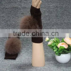Ladies Knitted Hand Gloves Custom Style Fox Fur Pompom Women Wool Knit Winter Gloves thumbnail-4