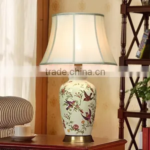 Metal Base In Antique Brass Printing Birds Ceramic Body With Fabric Lampshade Vintage Style Decorative Table Lamp thumbnail-2