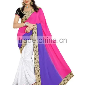 Pink and Blue Color Weightless Embroidery Sarees thumbnail-1