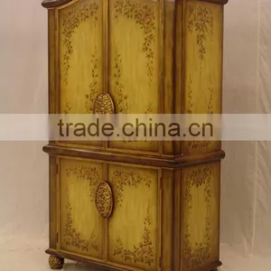 Antique Hand Carved Bedroom Furniture, Luxury Gold Painted Wooden Armoire, Classical Drawing Art Wardrobe thumbnail-1