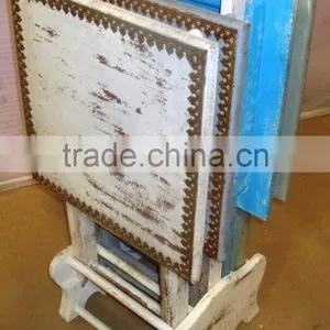 Metal Fitted Natural White Blue Set of 4 Wooden Square Stool thumbnail-1