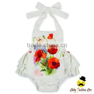 Summer Infant Fairy Clothes Plant Blank White Flower Printed Halter Ruffle Design Newborn Baby Girl Dressy Floral Romper thumbnail-4