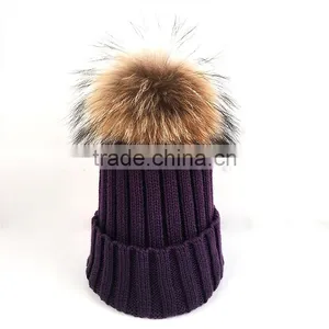 Myfur Wool Knitted Beanie Hats With Raccoon Fur Balls for Women thumbnail-1