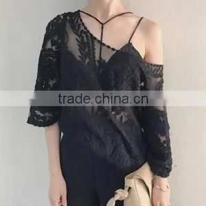 Summer Gouhua Openwork Lace Blouse Lace Openwork Short Blouse Female Temperament Lace Blouse thumbnail-1