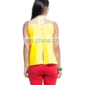 Yellow Sleeveless Lace Yoke Top thumbnail-5
