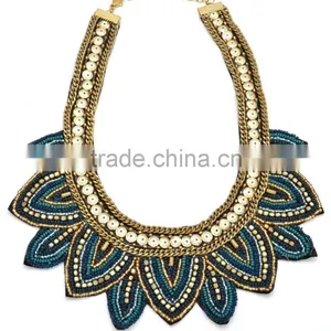 Peacock Blue and Golden Colored Fabric Necklace thumbnail-1