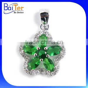 Unique Custom Rhodium Plated CZ 925 Sterling Silver Lab Created Emerald Cross Pendant thumbnail-2