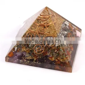 Orgone Pyramid | MIx Chakra Stone And Copper Wrap On the Crystal Point & Swastik Coil thumbnail-1