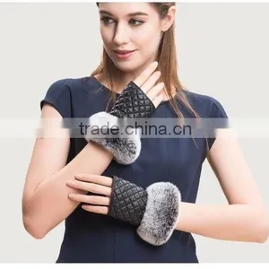 Fingerless Gloves Sheepskin Gloves Mittens With Rex Rabbit Fur Trim For Winter Lady thumbnail-4