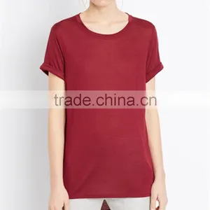 Ladies Classics Dark Red Round Neck Lightweight Rayon Tee With Curve High-low Hem Women Tops thumbnail-1