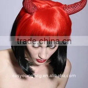 Cheap Synthetic Red Color Party Witch Hair Wig, Devil Wigs With Horns thumbnail-2