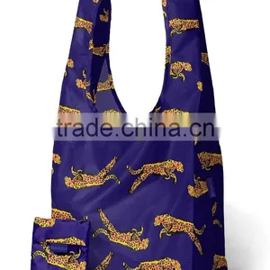 Assorted Color ECO Handle Grocery Trendy Sturdy Foldable Pocket Tote Bag Folded up and Stored in a Small Carrying Pouch thumbnail-1