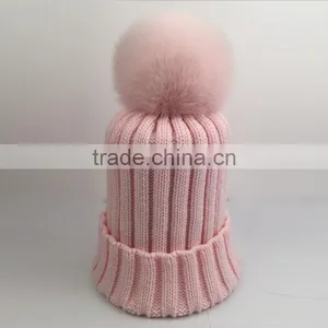 Myfur Baby Pink Bright Wool Knit Hat Wholesale With Real Fox Fur Pom Pom thumbnail-1