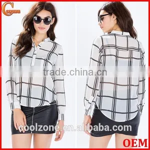 2015 New Design Sheer Chiffon Ladies Blouse Grid Print Blouses Wholesale thumbnail-1