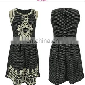 2017 Summer Casual Knitted Dress Border Embroidered Dot Printed Sleeveless Braces Dress for Women thumbnail-3