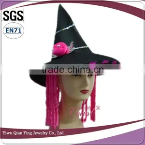 Halloween Girls Witch Hat With Curly Pink Hair Wig Attached thumbnail-2