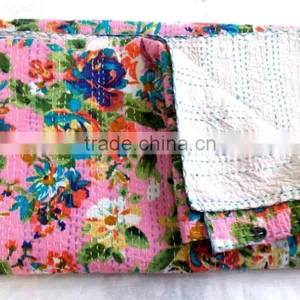 Queen Kantha Quilt Flower Garden Multi Pink Handmade thumbnail-3
