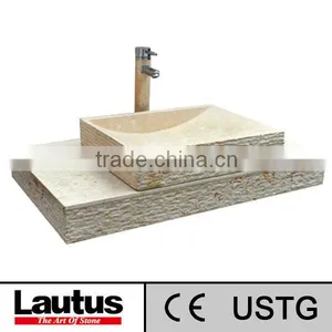 Beige Color Stone Carved Bathroom Vanity With Vessel Sinks thumbnail-1