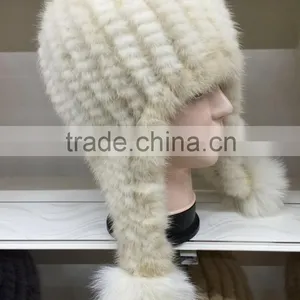 Korea Style Fashion Women Mult Color Kintted Mink Fur Hat With Pompoms thumbnail-3