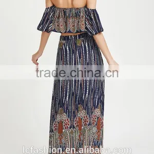 Multicolor Vintage Print off Shoulder Two Piece Set Boho Ruffle Top and Long Skirt thumbnail-3